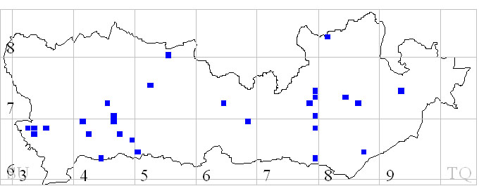 Fig 5. 1km squares having Buzzard records occurring in every main breeding month (April, May and June)